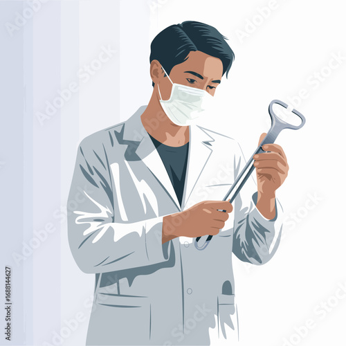 This image features an astute medical expert uncertainly holding a wrench, emphasizing the connection between medical tools and the technical expertise required in medicine.