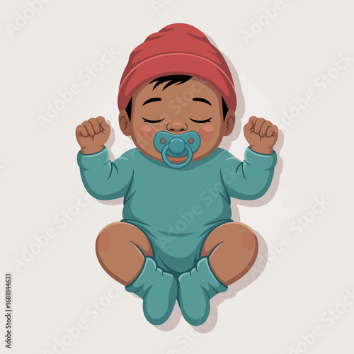 A cute baby sleeps peacefully while holding a pacifier, wearing a cozy outfit and a hat, illustrating a serene moment of innocence and comfort in the sleep of a child.