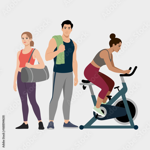 An energetic fitness scene featuring a spin bike, showcasing friends supporting one another while actively engaging in a workout routine, capturing motivation and camaraderie.