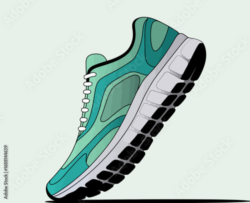 An illustration of a stylish running shoe featuring modern design elements and a unique color palette, perfect for both athletic performance and casual wear aesthetics.