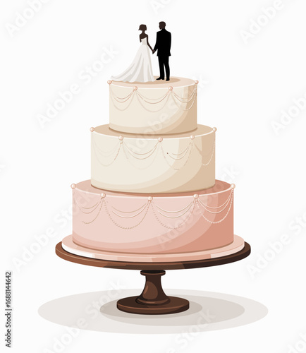 This stunning three-tier wedding cake features beautiful cascading decorations and a delicate couple figurine at the top, capturing the essence of love and celebration.