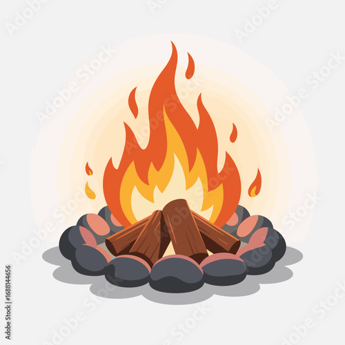 A cozy campfire surrounded by rustic logs and pebbles, the warm flames illuminating the night and symbolizing comfort and togetherness around a fire.