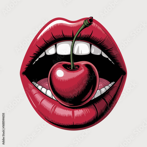 A striking graphic of a mouth holding a cherry, creatively representing temptation, pleasure, and the joyous moments associated with sweet treats and indulgences.