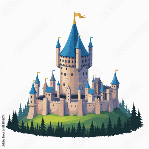 A beautifully designed fortress stands tall on a gently rolling hill, showcasing intricate details, vibrant colors, and a magical aura that captivates the viewer’s imagination.