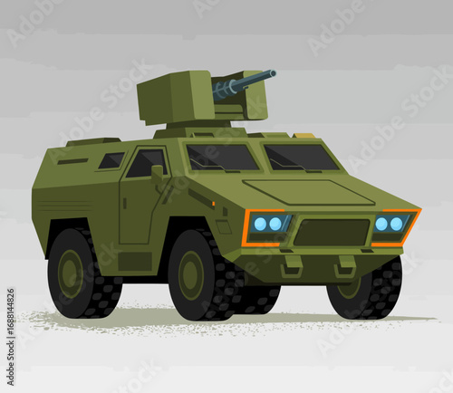A dimly lit illustration of a stylized military vehicle equipped with a turret, capturing the essence of strength, technology, and modern military aesthetics.