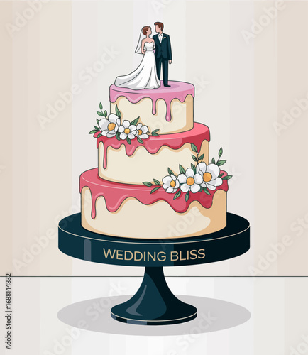 This stunning wedding cake showcases intricate floral designs with a couple figurine on top, perfect for celebrating love and special moments together.