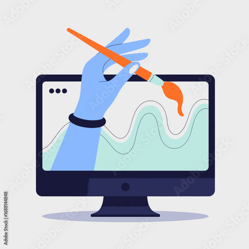 This artwork illustrates a hand with a brush over a screen, capturing the vibrant nature of digital art and the interplay between hand-crafted techniques and technology.