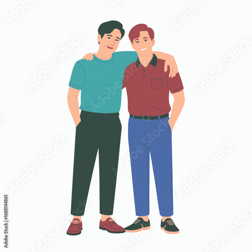 This illustration shows two male friends standing close with friends' embrace smiles, capturing the essence of camaraderie and joy in a relaxed, casual style.