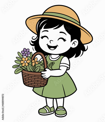 A happy little girl with a green dress and a straw hat smiles brightly while holding a basket of vibrant flowers, embodying the essence of childhood joy and nature's beauty.