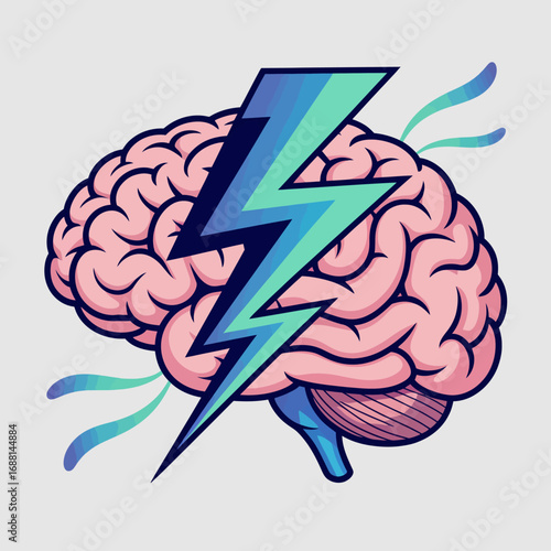 A dynamic brain illustration featuring a lightning flash with surrounding water elements, symbolizing the flow of ideas and creativity, set in a visually captivating style.