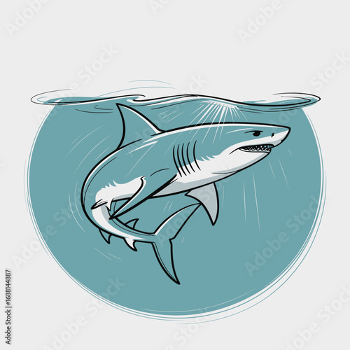 This striking illustration features a shark swimming underwater, illuminated by glimmering surface light, representing the mysterious undersea world perfectly.