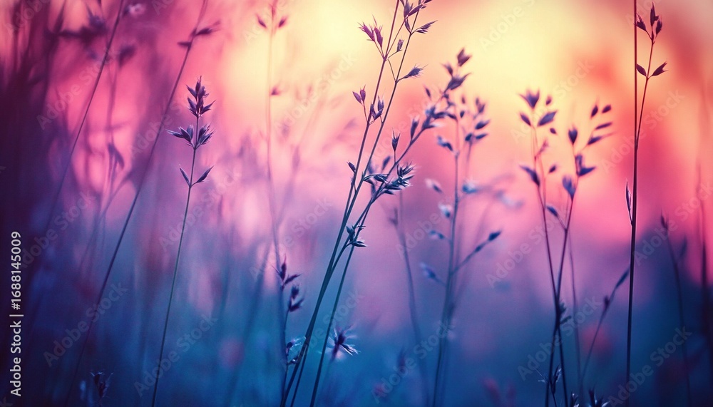 Obraz premium The image shows tall grass and wildflowers silhouetted against a vibrant sunset, displaying a range of pink, purple, and orange tones.
