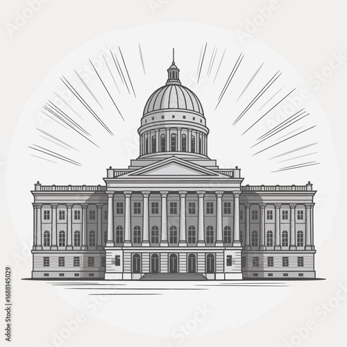 This graphic image illustrates a distinct government building with a dome and flag, characterized by sharp lines and shading that emphasize its importance and architectural beauty.