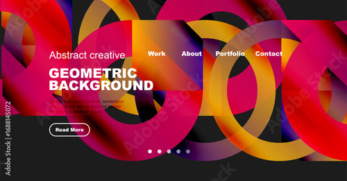 Vibrant abstract geometric design. Pink, purple, orange hues dominate. Website header with navigation options present. Modern aesthetic.