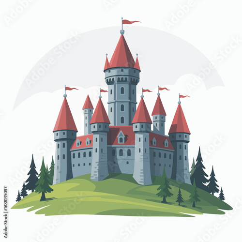 This stunning illustration features a majestic castle with prominent turrets and flags, set against a rolling green landscape under a bright sky, radiating a sense of wonder.