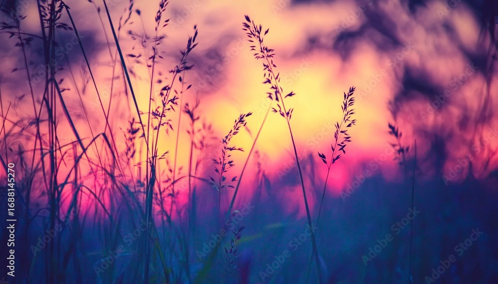 Fototapeta premium The image shows tall grass stalks silhouetted against a colorful sunset sky with shades of pink, purple, orange and yellow.
