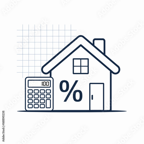 This image illustrates a house adjacent to a calculator and a prominent percentage symbol, signifying financial calculations essential for real estate and investment decisions.