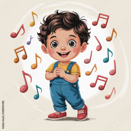 A cheerful toddler smiling amidst a whirlwind of colorful musical notes, expressing the vibrant joy of childhood and the everlasting love for music in a captivating illustration.