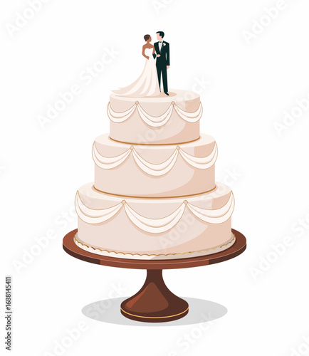 This trendy three-tiered wedding cake features stylish designs and a charming couple figurine on top, representing the joy and commitment of a loving marriage.
