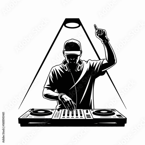 A captivating illustration of a DJ under a spotlight, creating vibrant music vibes at turntables, showcasing the thrilling atmosphere of nightlife and electronic music culture.
