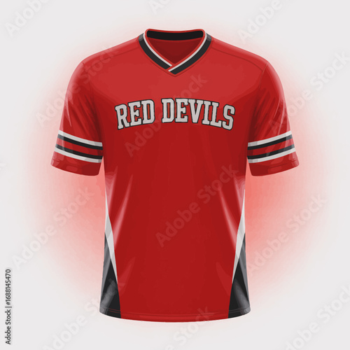 Featuring the bold 'RED DEVILS' logo on a striking red jersey with contrasting black and white accents, this design embodies team spirit and competitiveness.