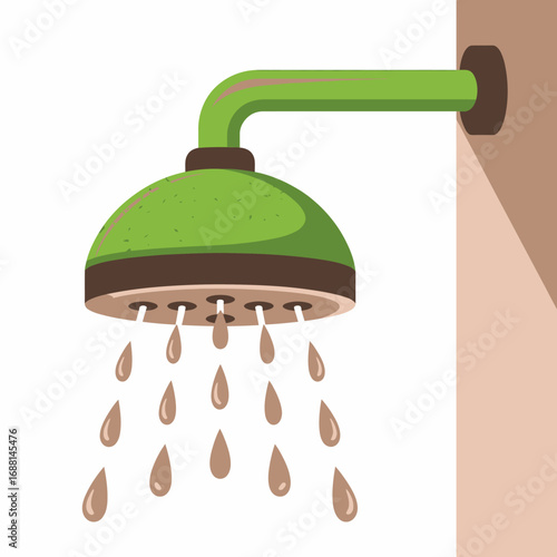 This colorful graphic showcases a bright green showerhead dispensing water droplets, making it an eye-catching element for imaginative bathroom designs or fun projects.