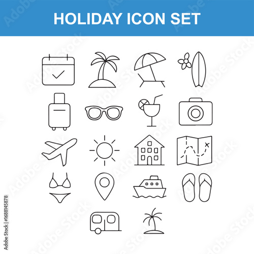 Holiday and Vacation Icon Set Representing Travel, Relaxation, and Summer Activities