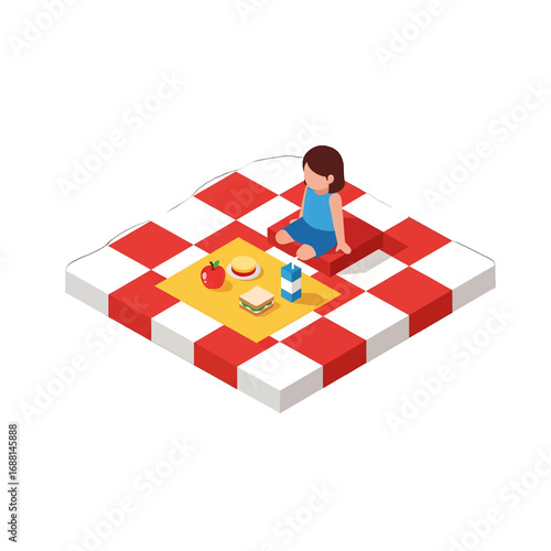 Isometric Pixel Art Child Sitting on Red and White Picnic Blanket with Food Items, Vector Graphic, White Background, Bright Lighting, Clean Design