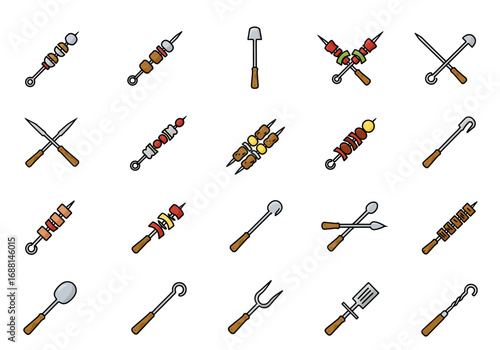 An array of barbecue tools and skewers arranged in a grid pattern