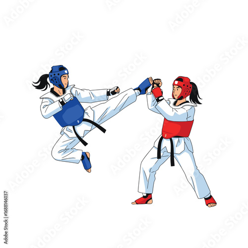 Two female martial artists engaged in a dynamic Taekwondo sparring match, executing kicks.