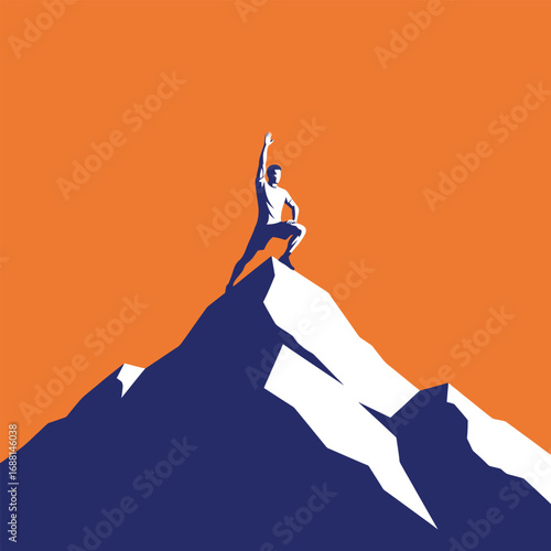 Silhouette of a triumphant person standing atop a mountain peak, celebrating success.