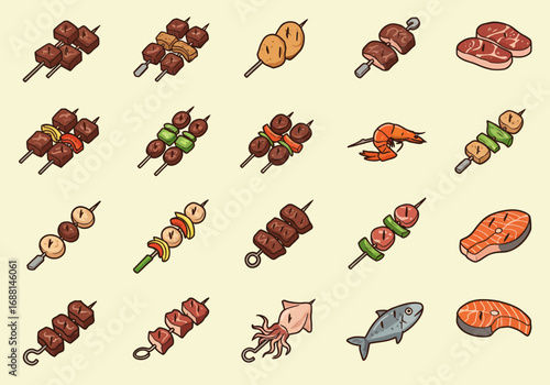 An array of kabobs with meat seafood and vegetables along with steak and salmon cuts