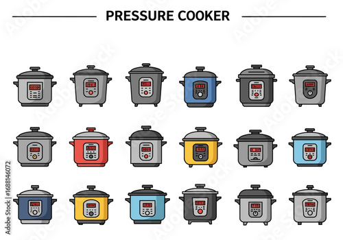An array of pressure cookers featuring digital displays and various colors arranged neatly on a white background