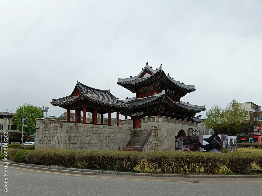 Fototapeta premium South Korea, Jeonju, rooftops of houses in the historic center