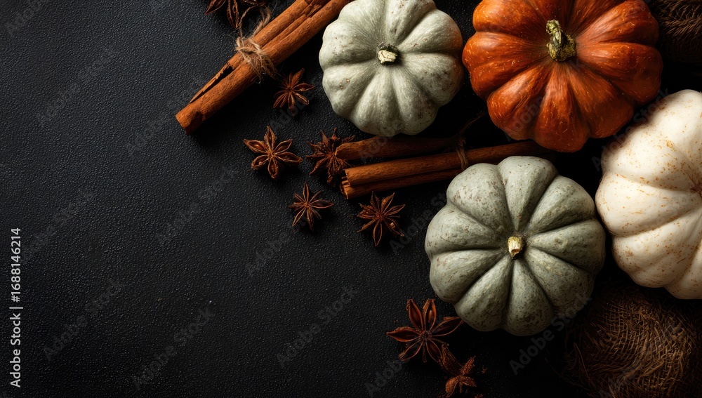 Obraz premium Autumn pumpkins and spices on dark background