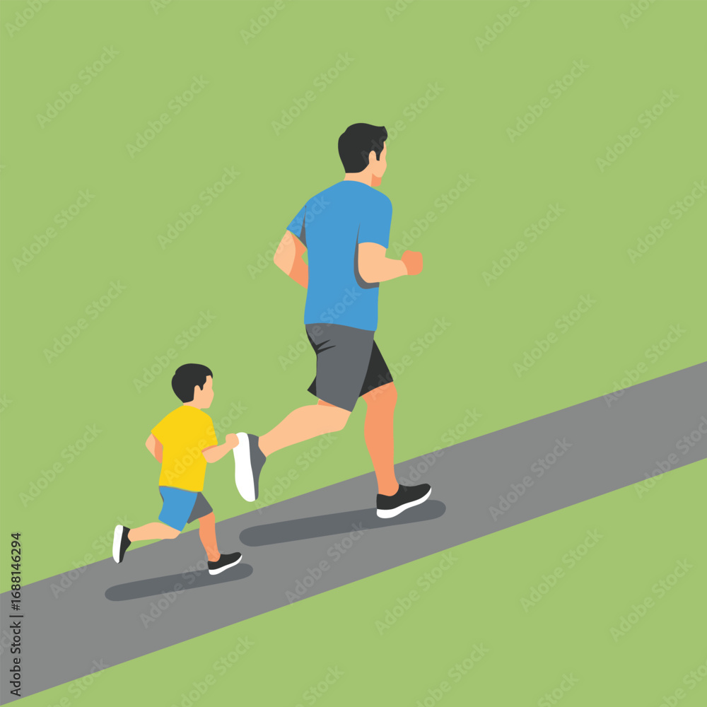 Obraz premium A man and a young boy are jogging together on a path, with a green background.