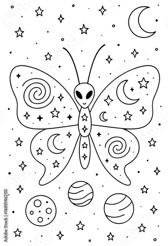 Alien Butterfly with Galaxy Wings Outline Coloring Page for Fantasy Celestial Coloring Art