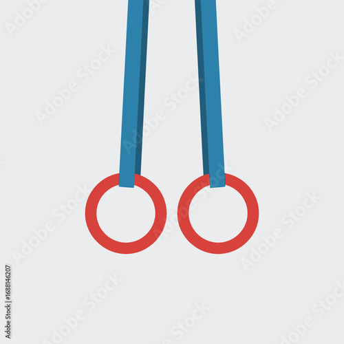 Illustration of two red gymnastic rings suspended by blue straps against a plain background.