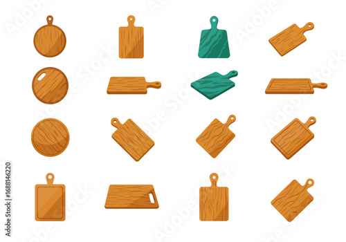 Array of 16 cutting boards various shapes  colors some with handles