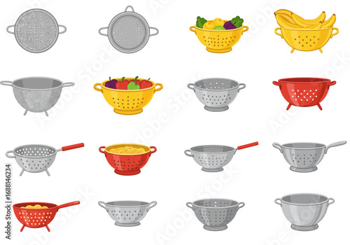 An assortment of colanders in various styles colors and filled with fruits or pasta arranged on a white background