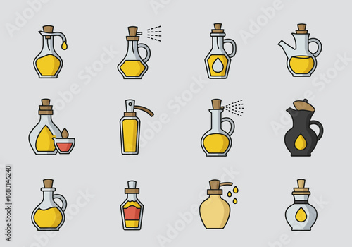 Array of oil bottles and containers various shapes and dispensing styles with light gray background