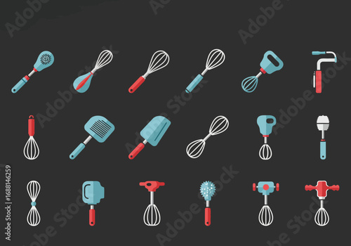 Array of stylized kitchen whisks diverse colors and designs on a gray background
