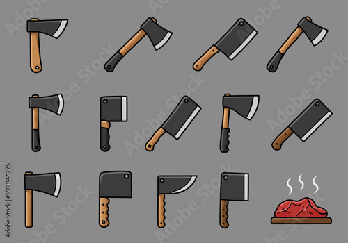 Assorted axes  cleavers arranged on a grey background with raw meat at the bottomright