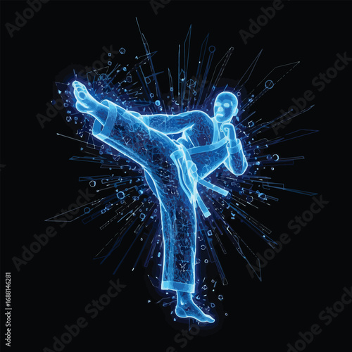 Glowing blue figure performs a karate kick against a dark background with radiating lines and abstract shapes.