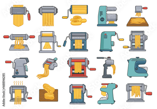 Array of pasta makers of varied designs both manual and electric