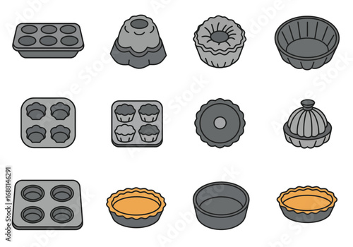 Assorted baking pans displayed in a grid arrangement