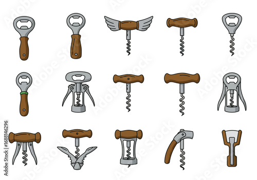Assorted bottle openers and corkscrews arranged in a grid showcasing various designs and mechanisms