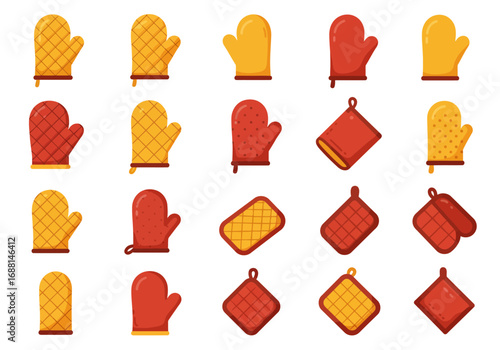 Assorted oven mitts  pot holders in shades of yellow and red arranged against a white background
