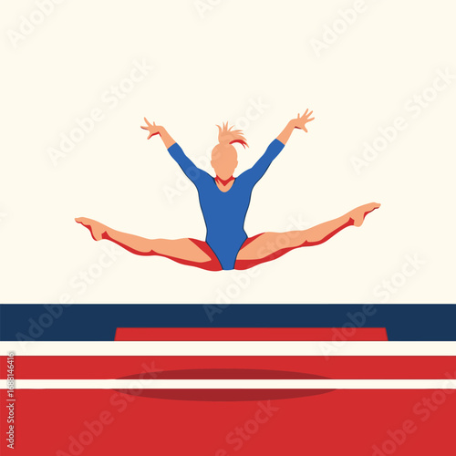A gymnast in a blue leotard performs a split leap against a background of red, white, and blue stripes.
