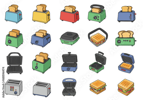 Assorted toasters and sandwich makers in various colors arranged on a white background